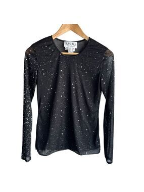 Vintage 90s Sheer Mesh Long Sleeve Top Womens M Black Metallic Splatter Lace EUC